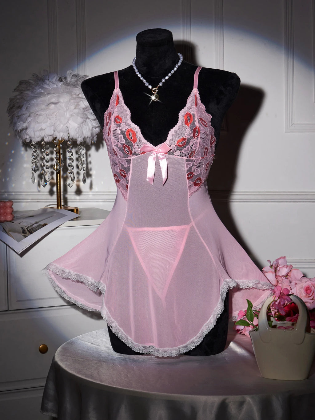 CowLost | pink-transparent-ultra-thin-hot-nightgown-womens-pajamas-with-thongs-lace |9