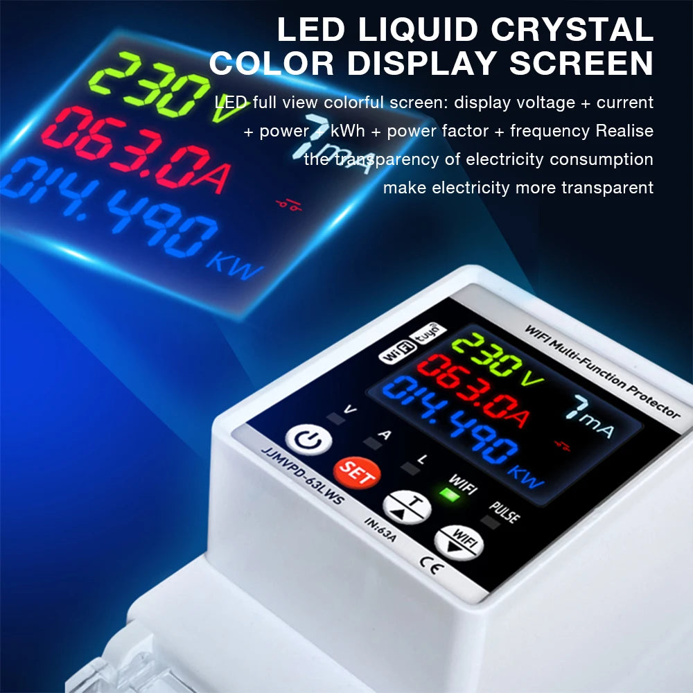 Tuya WiFi Smart Power Meter 63A Energy Switch with Automatic Protector and Voltage Tester