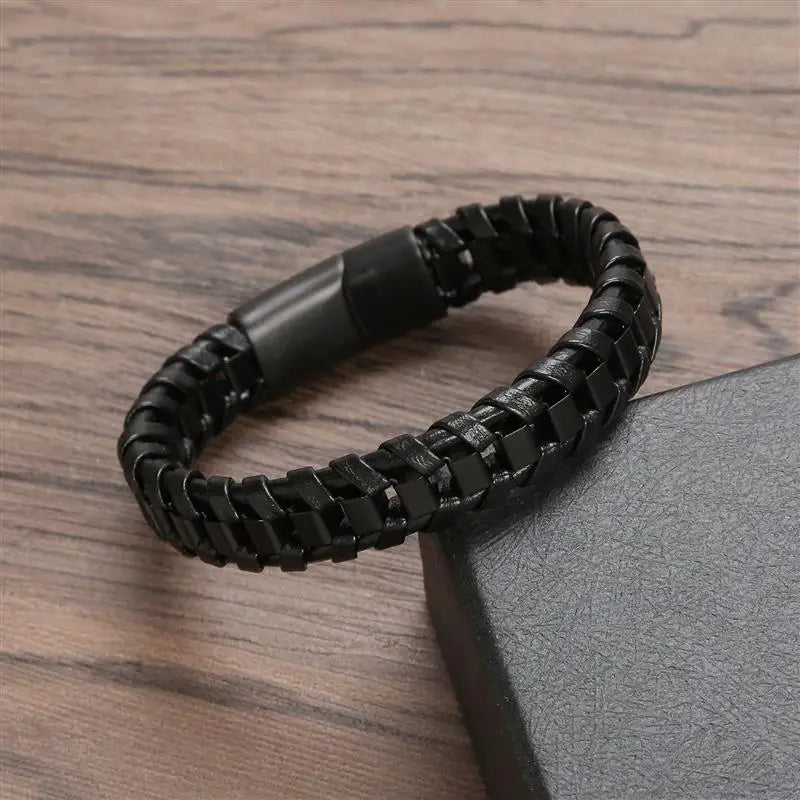 CowLost | jiayiqi-punk-men-jewelry-black-braided-leather-bracelet-stainless-steel-magnetic-clasp |2