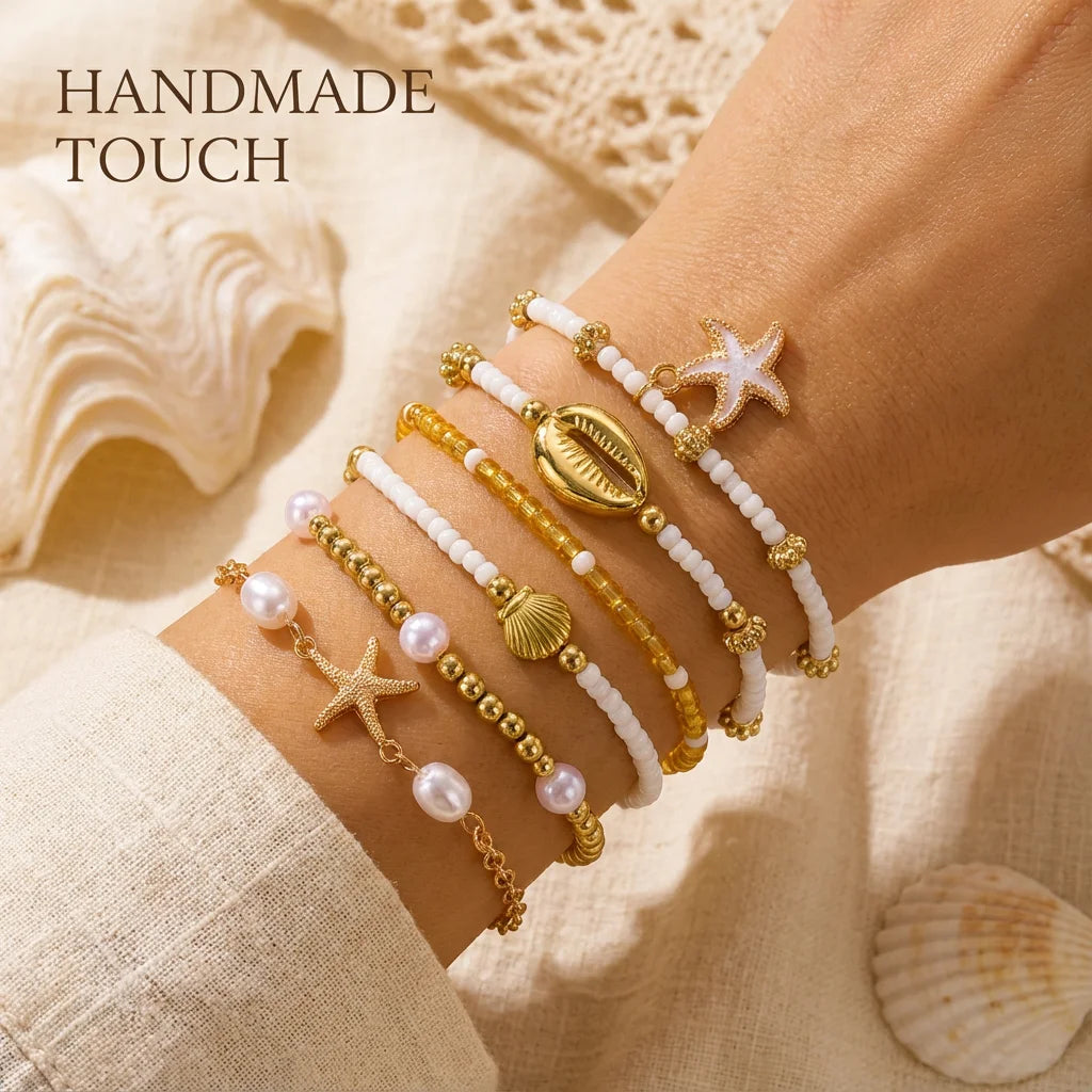 CowLost | 6-pcs-bohemian-shell-starfish-beaded-bracelet-set-for-women-fashion-multilayer-stacked-bracelets-summer-beach-party-jewelry-gift |8