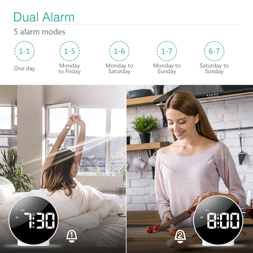 ORIA Digital LED Alarm Clock with Snooze Night Light USB Round Table Clock 3 Colors