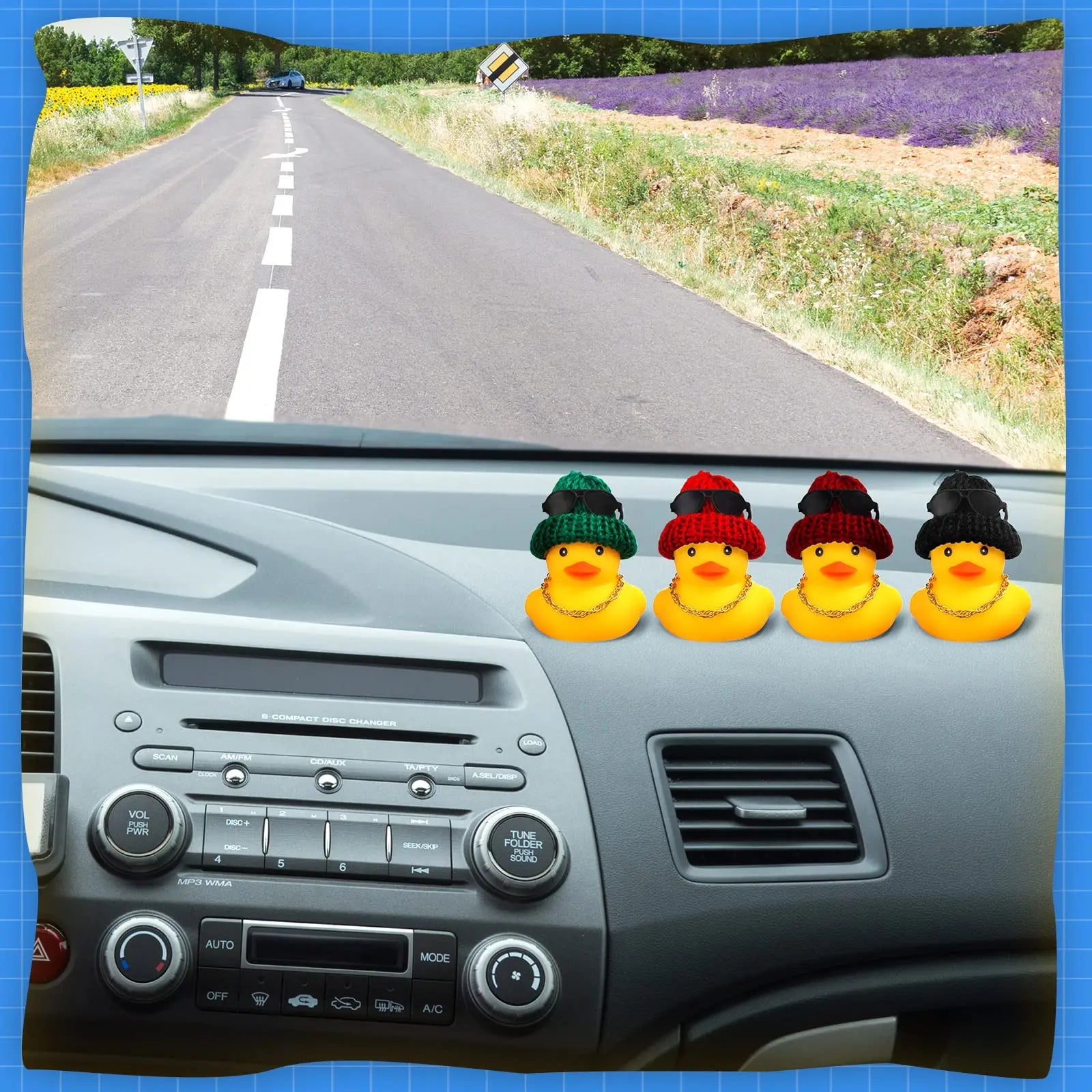 CowLost | product_id-6-12-36pcs-yellow-rubber-duck-car-dashboard-decorations-with-mini-hat-necklace-and-sunglasses |3