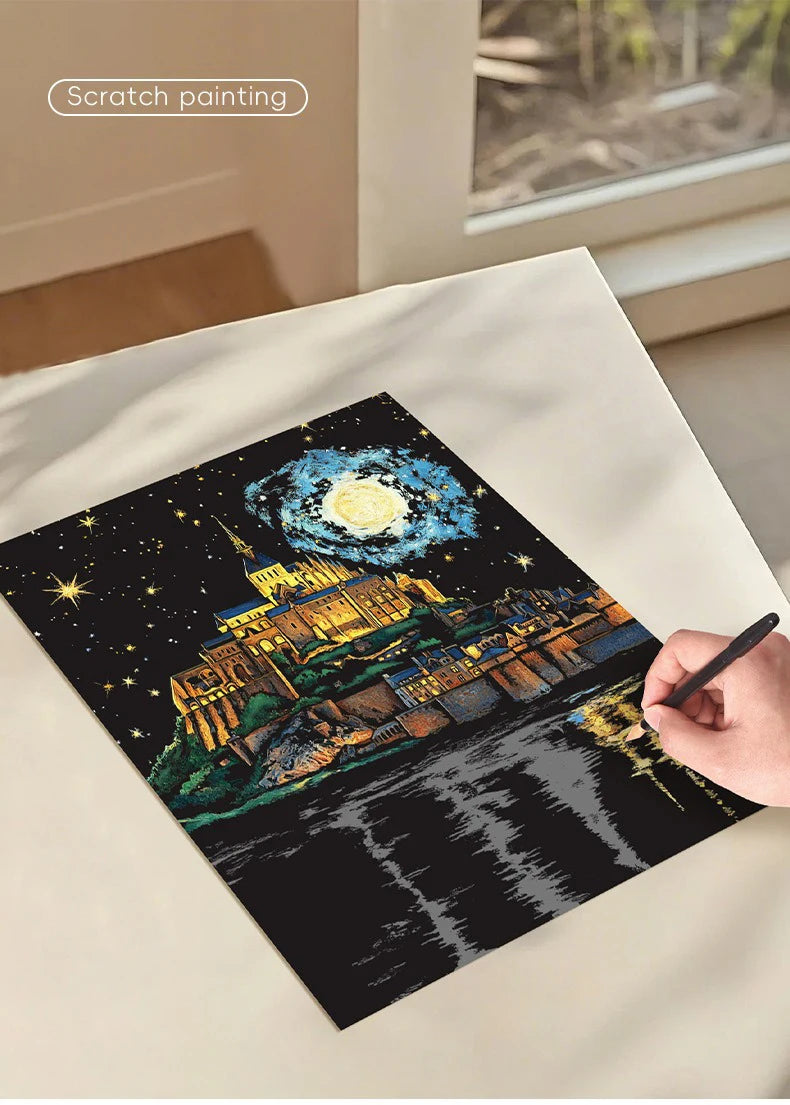 CowLost | product_id-4pcs-a3-diy-scratch-painting-set-colosseum-forbidden-city-cherry-blossom-castle-night-view |7
