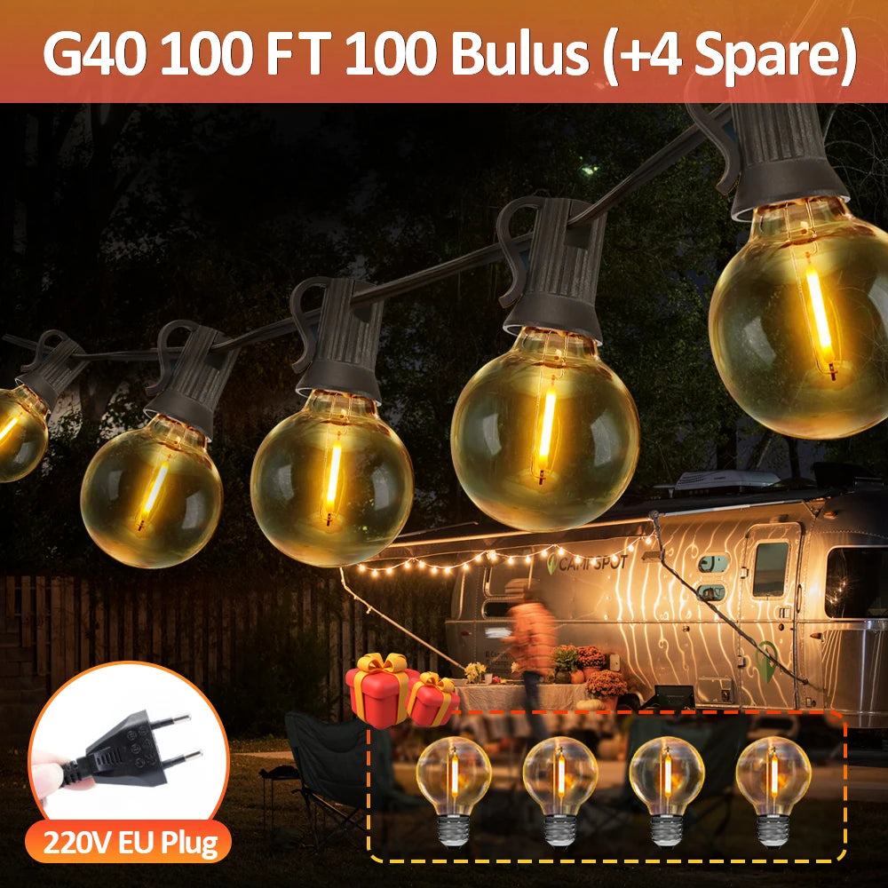 100FT G40 LED Globe String Lights, 100 Waterproof Plastic Bulbs for Outdoor Christmas Party Garden Decor