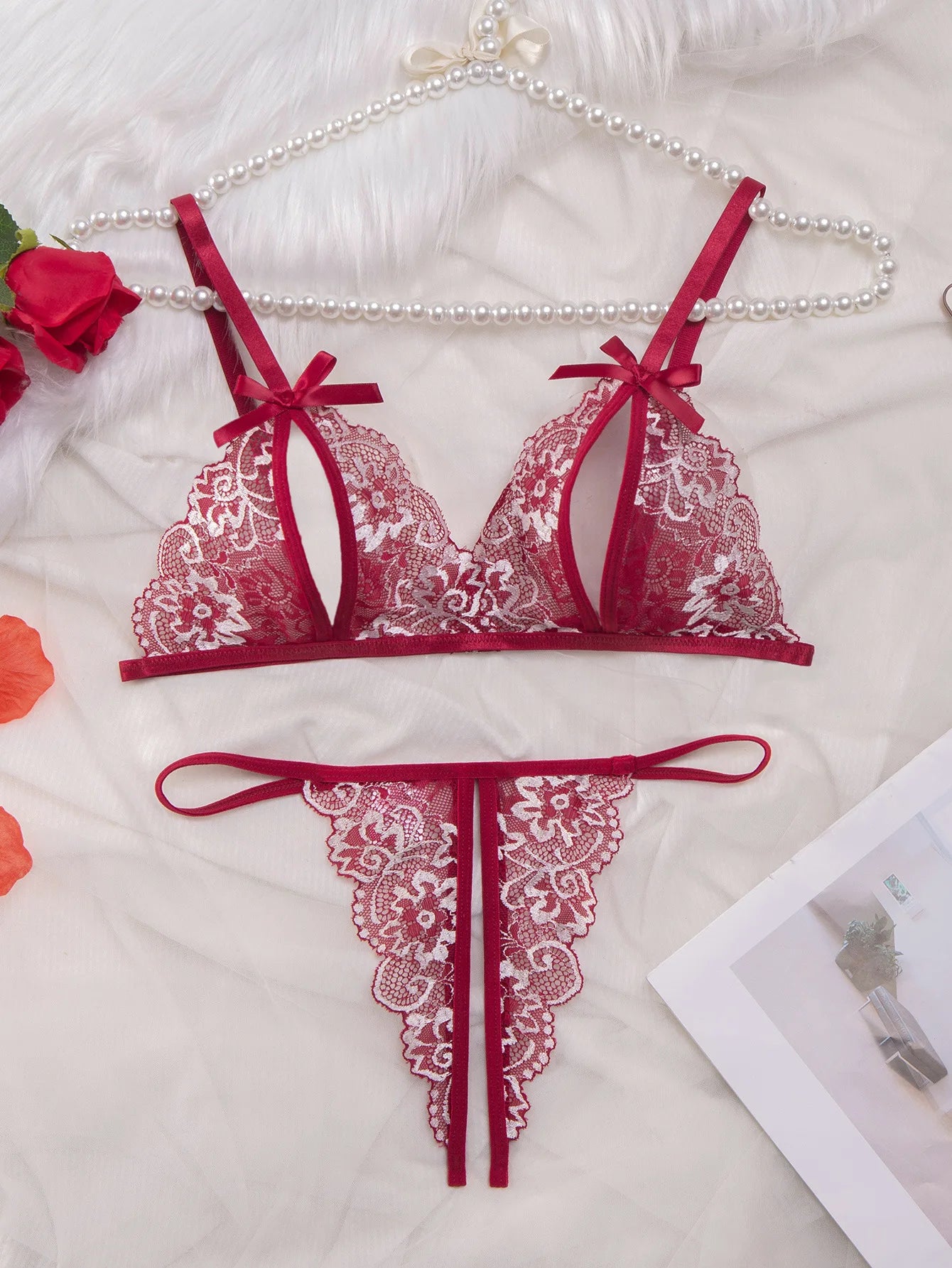 CowLost | floral-lace-sexy-lingerie-bow-open-split-cup-intimates-bra-and-thongs-sets |13