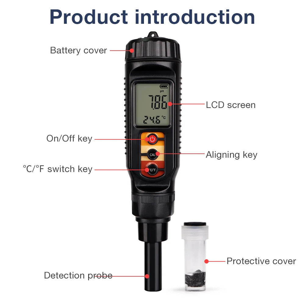 LCD Digital PH Meter 0.00-14.00 Handheld Soil, Food, Dough Acidity Tester for Fruit, Cheese, Meat, Skin