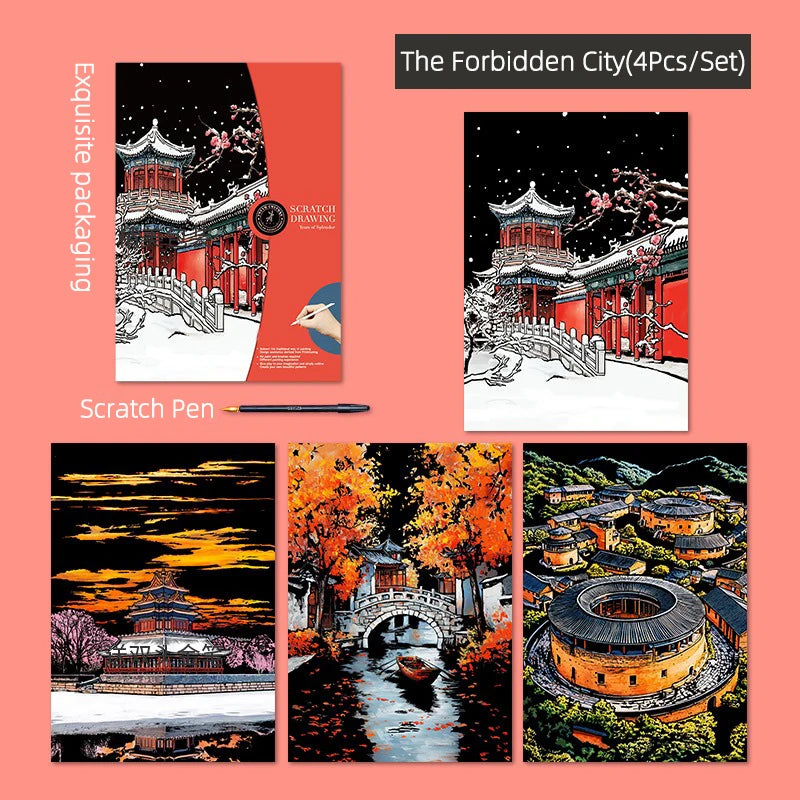 CowLost | product_id-4pcs-a3-diy-scratch-painting-set-colosseum-forbidden-city-cherry-blossom-castle-night-view |21
