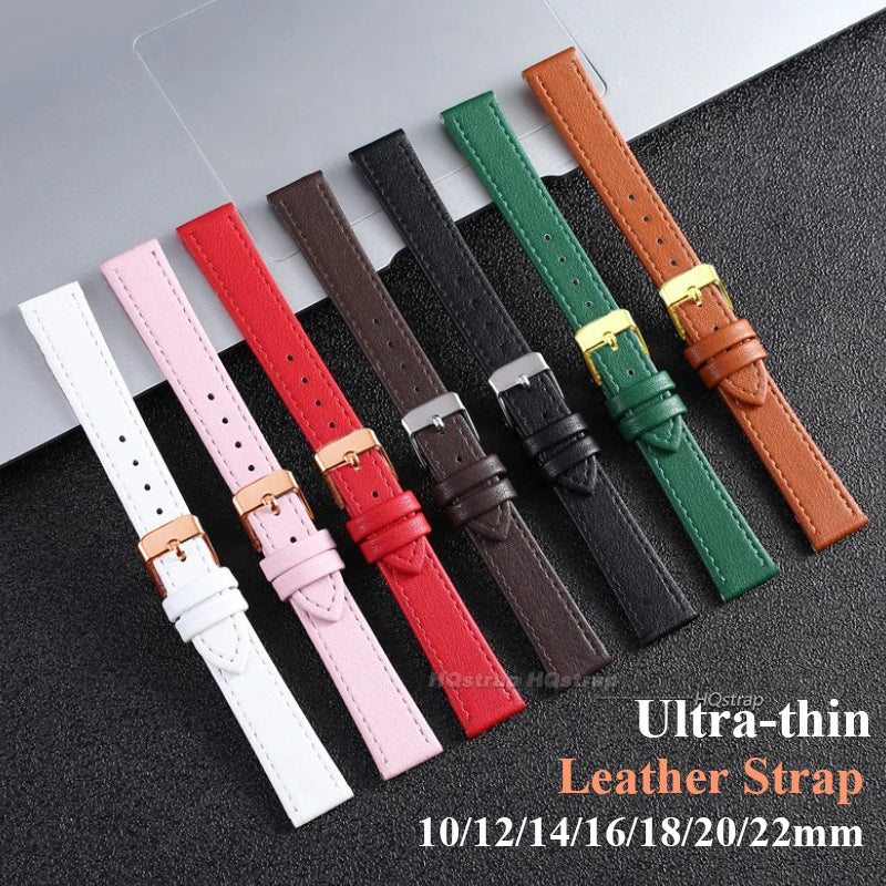Ultra-Thin Leather Watch Strap for Women 10-22mm Brown White Black