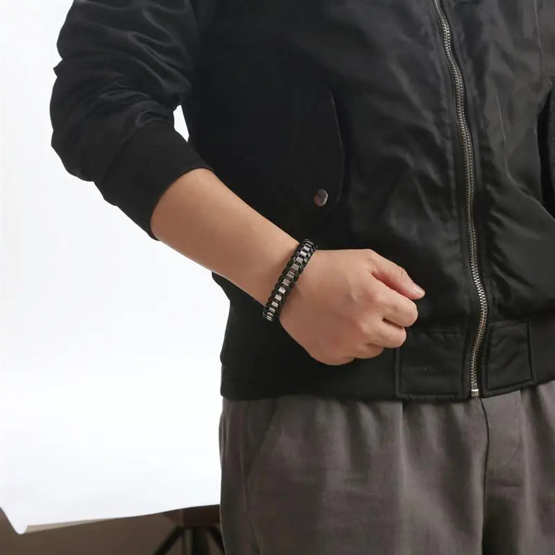 CowLost | badge-pass-holders-mens-classic-hand-woven-stainless-steel-leather-braided-bracelet |18