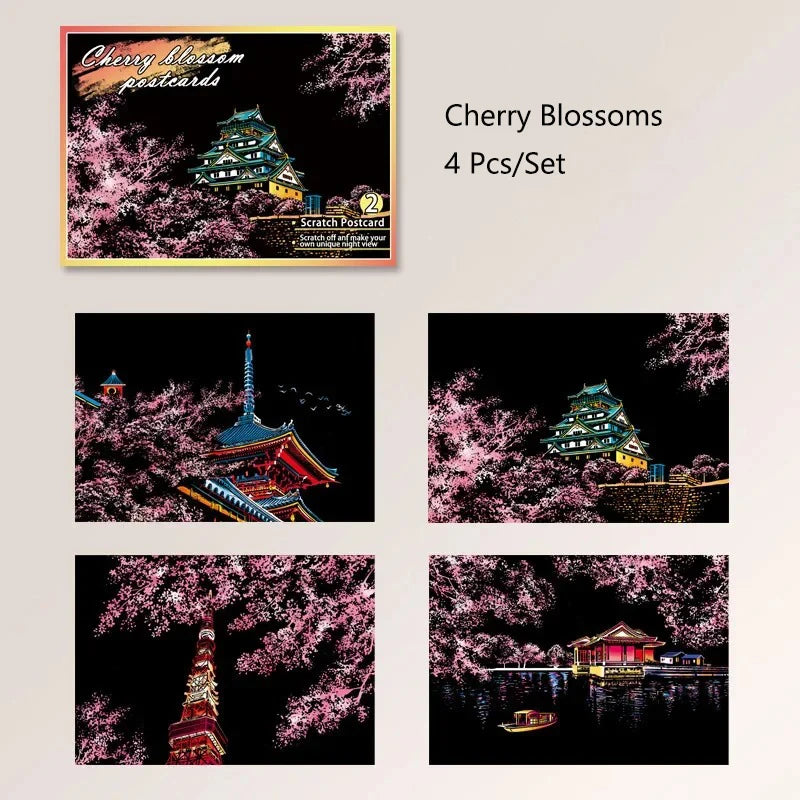 CowLost | product_id-4pcs-a5-diy-scratch-painting-set-cherry-blossoms-classical-buildings-landscapes-animals |27