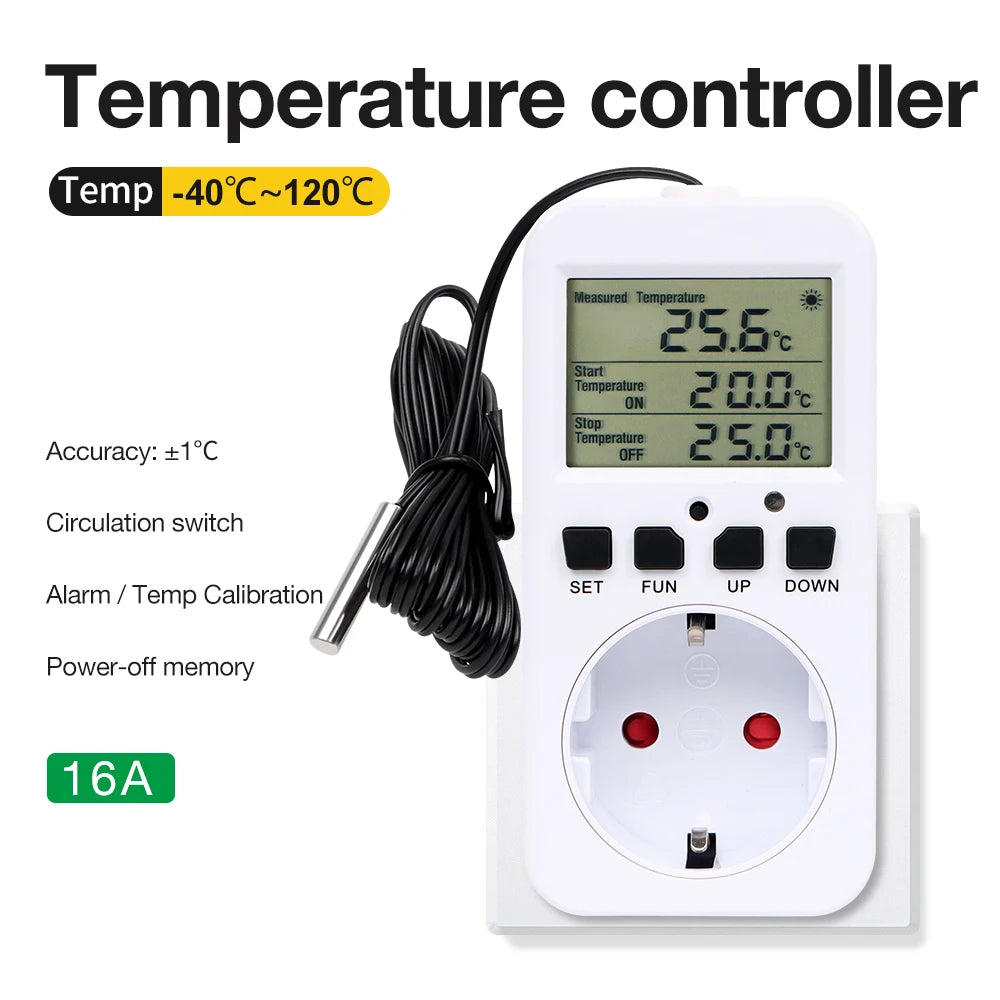 LCD Thermostat Timer Socket 16A EU Plug Temperature Controller with Alarm and Circulation Switch for Heating Cooling