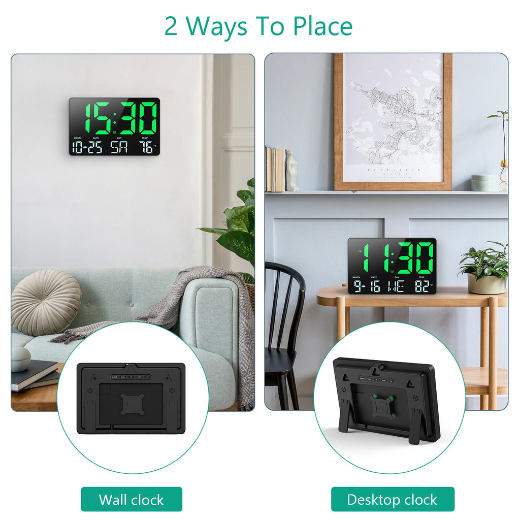 ORIA 11.5" Large USB Powered Digital LED Wall Clock with Calendar, 12/24H Time, Alarm, and Temp Display