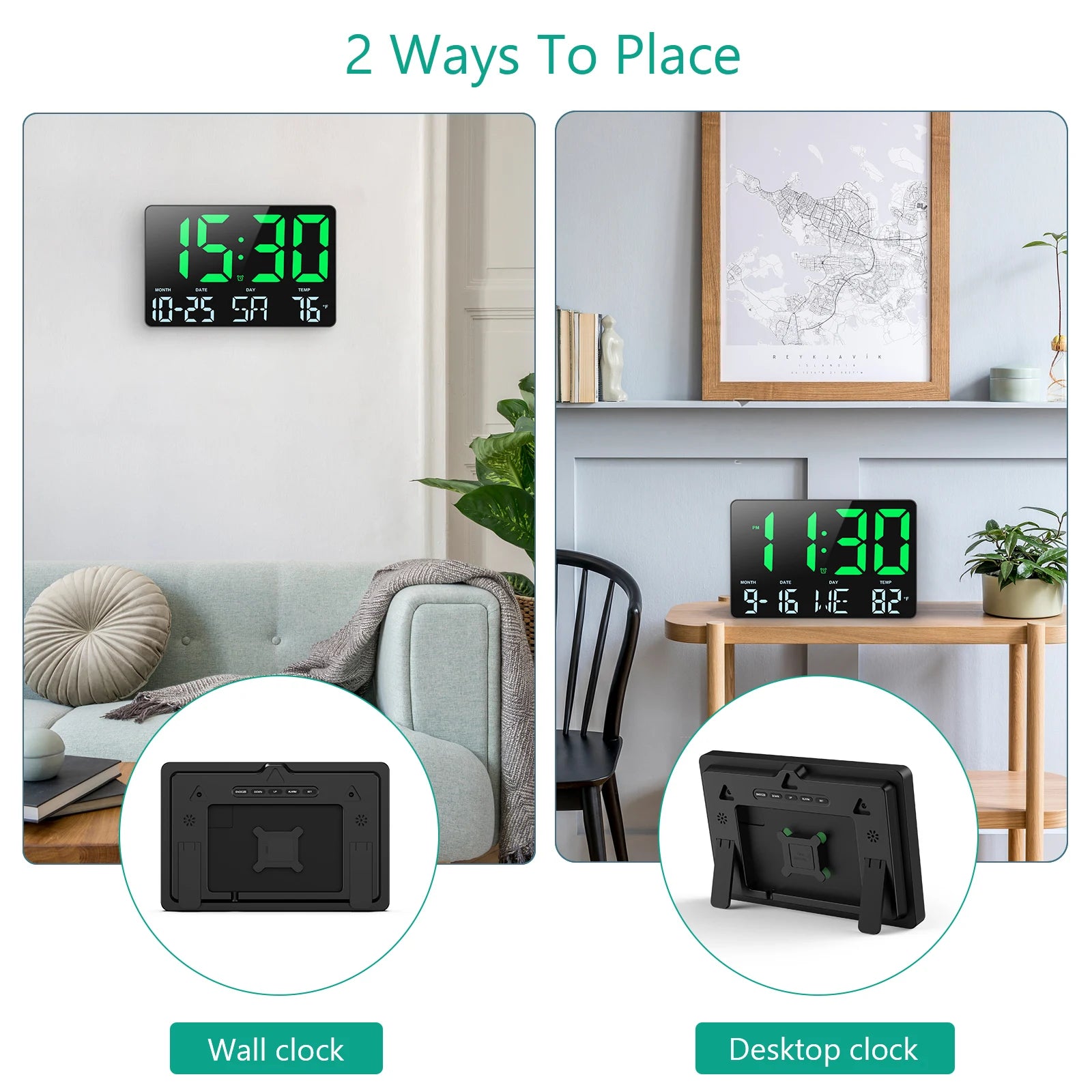 ORIA 11.5" Large USB Powered Digital LED Wall Clock with Calendar, 12/24H Time, Alarm, and Temp Display
