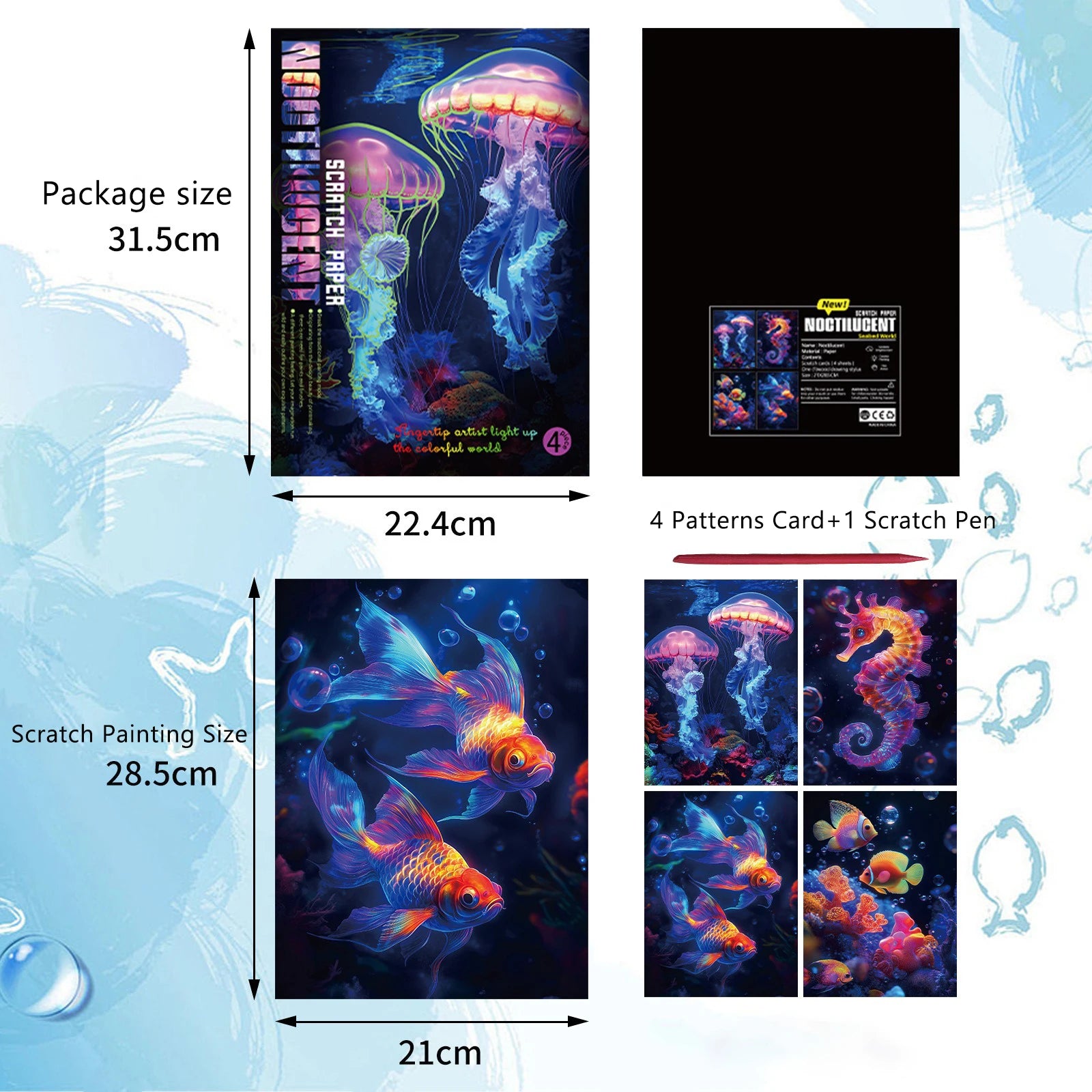 CowLost | product_id-4-piece-a4-diy-noctilucent-scratch-painting-set-sea-world-butterfly-peacock-whale-designs |5