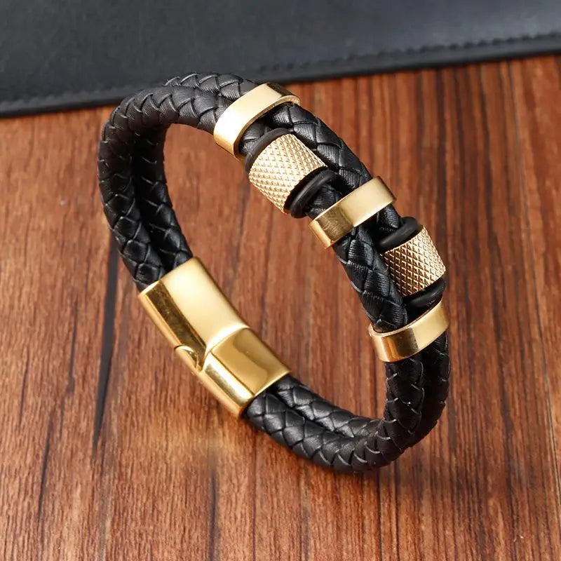 CowLost | badge-pass-holders-jiayiqi-punk-stainless-steel-leather-bracelet-for-men-with-irregular-beads |10
