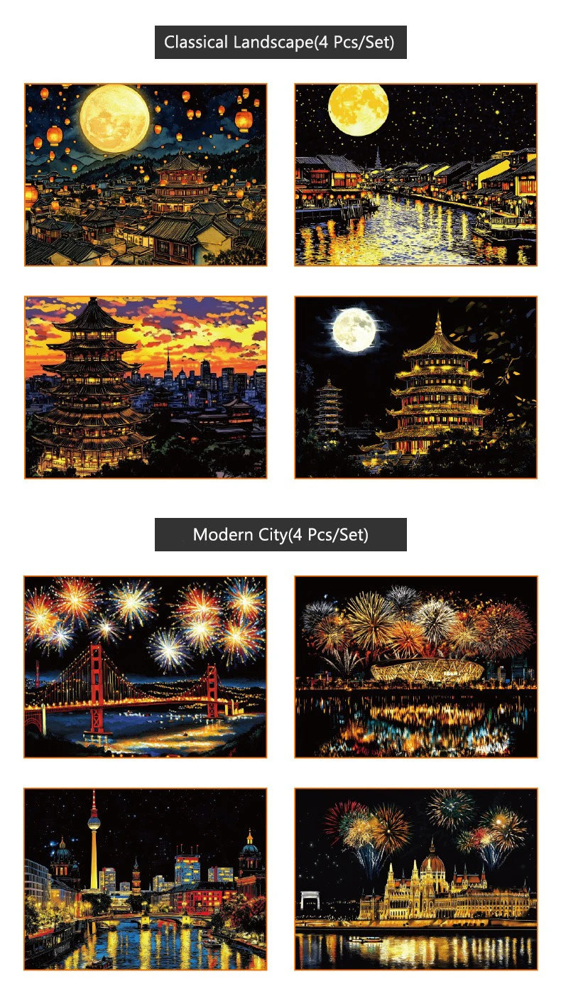 CowLost | product_id-4-pcs-a4-diy-scratch-painting-set-urban-landscapes-character-illustrations |19