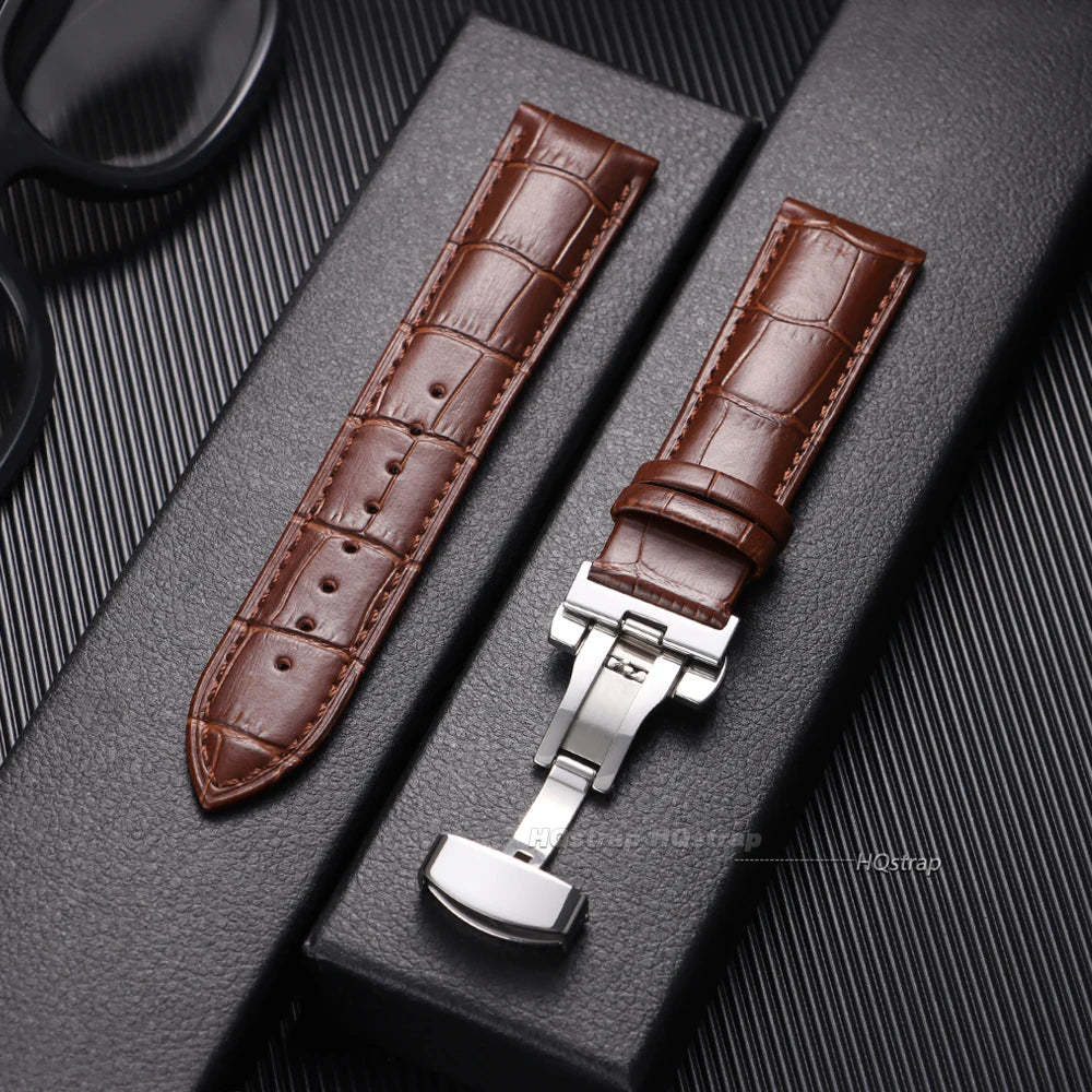 Genuine Leather Bamboo Pattern Watch Strap 14-24mm with Steel Butterfly Buckle Black Brown