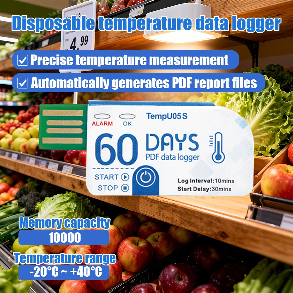 TempU05S USB Temperature Data Logger 60-Day Disposable 10000-Point PDF Report Cold Chain Recorder