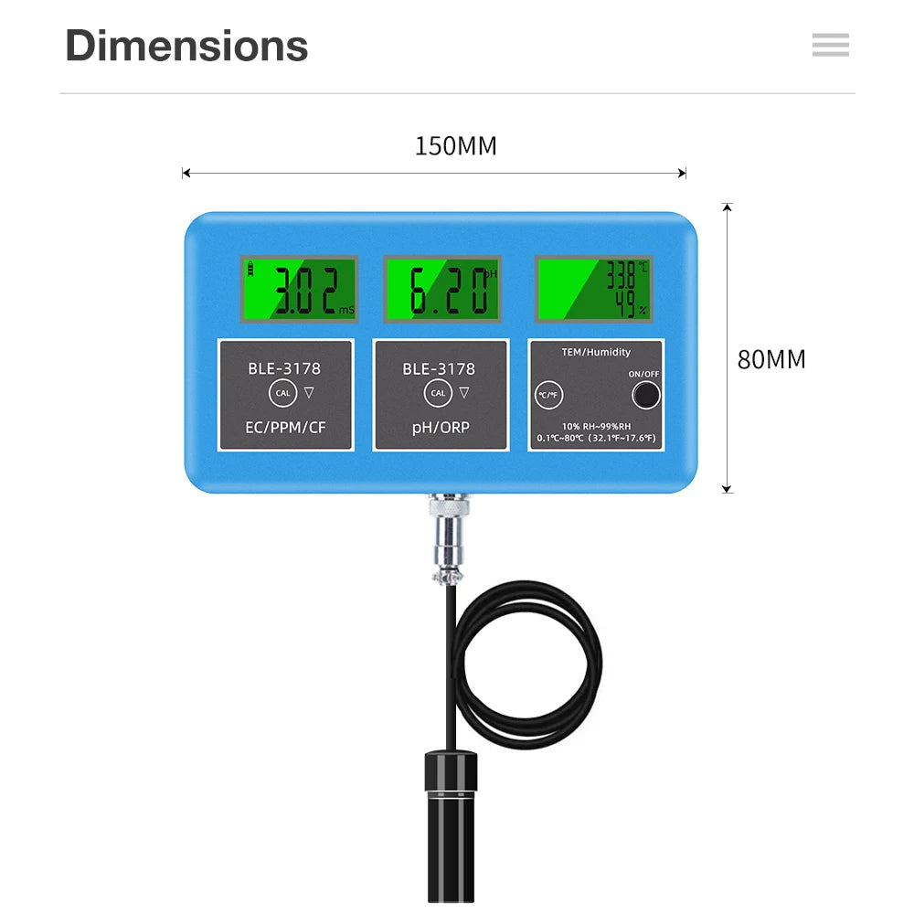 7-in-1 Digital Bluetooth Water Quality Tester PH/EC/TDS/ORP/CF/Humidity/Temp Meter with APP Control EU