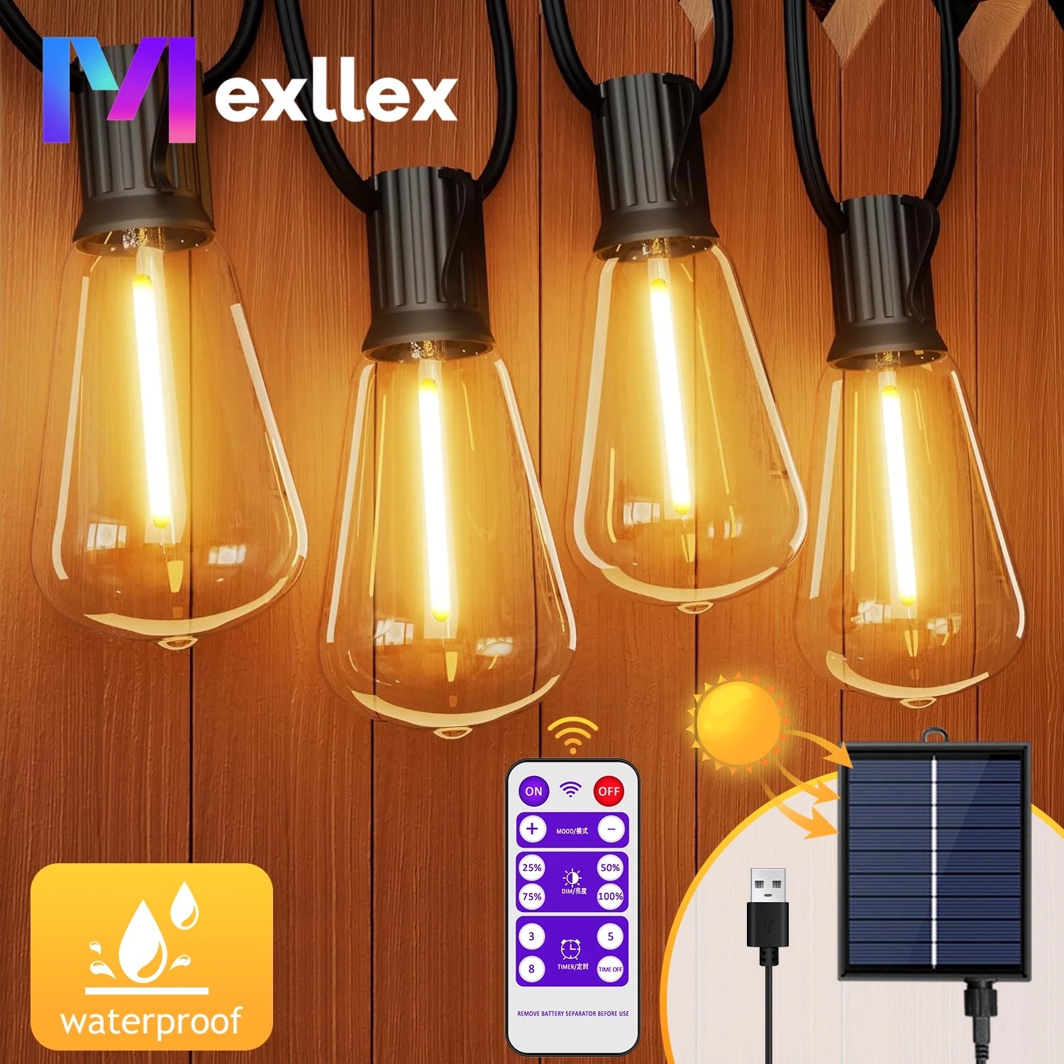 Solar String Lights 12M/9.5M Outdoor with Remote, IP65 Shatterproof ST38 LED Bulbs, 8 Modes for Garden Party