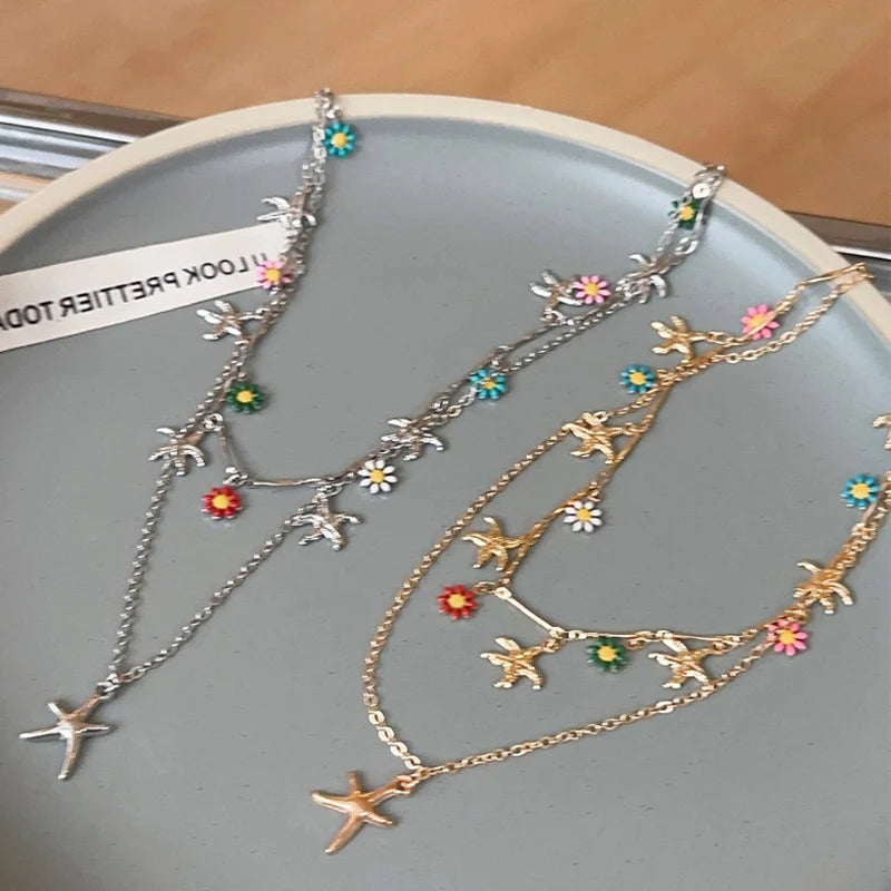 CowLost | bohemia-double-layer-daisy-clavicle-chain-necklace-for-women-colorful-flower-starfish-pendant-metal-chain-choker-party-jewelry |3