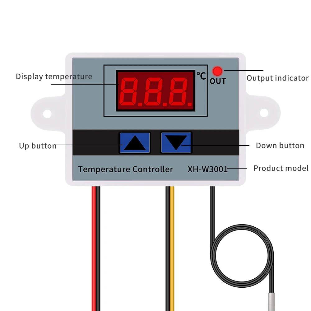 XH-W3001 Digital LED Temperature Controller Thermostat with NTC Sensor and Probe 220V for Incubator Cooling Heating