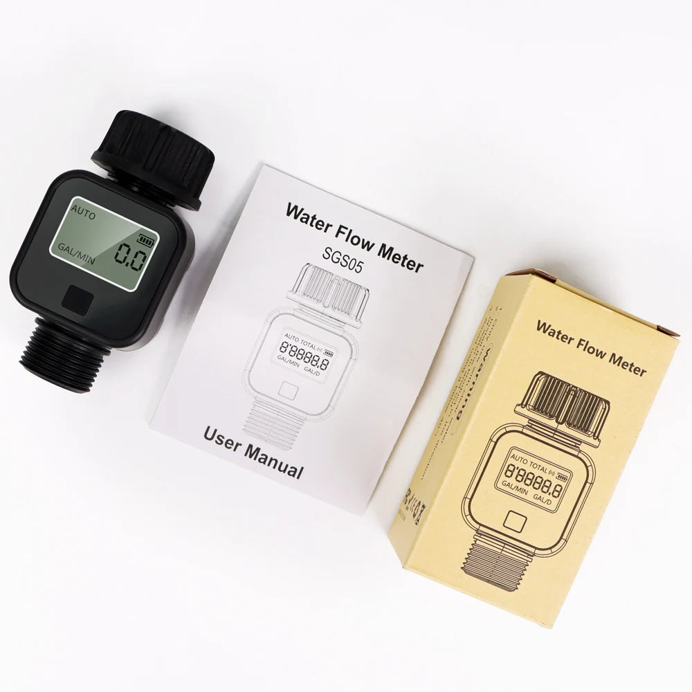 Waterproof 3/4" LCD Water Flow Meter for Irrigation Faucet Hose Sprinkler Outdoor Use