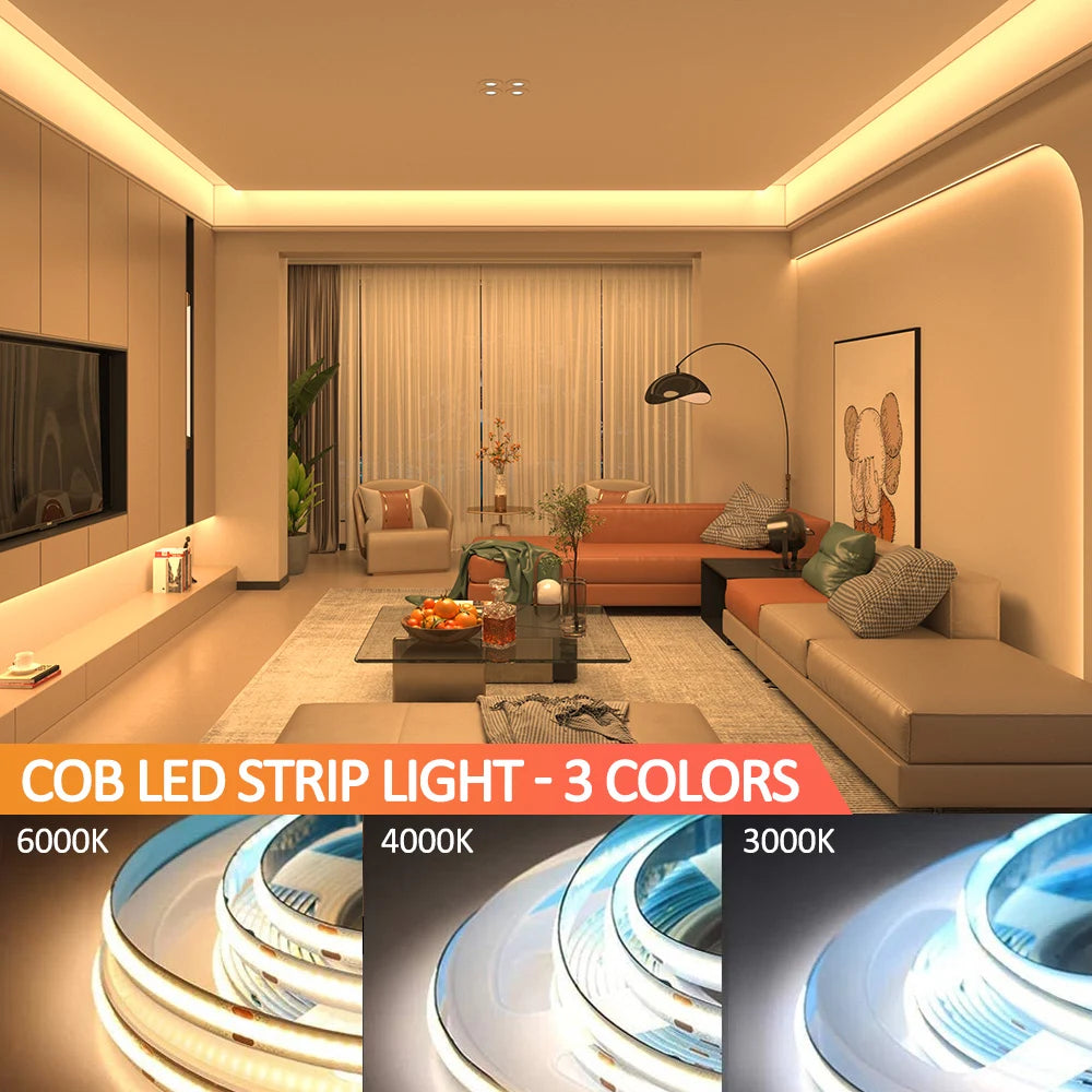 12V/24V 10M FCOB LED Strip Light Warm White High Density Flexible 3000K-6000K Cuttable COB Tape
