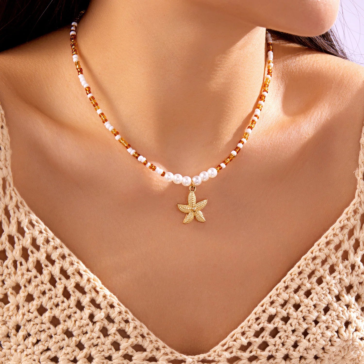 CowLost | bohemian-rice-beads-starfish-pendant-necklace-for-women-handmade-imitation-pearl-colorful-beaded-choker-summer-beach-jewelry |1