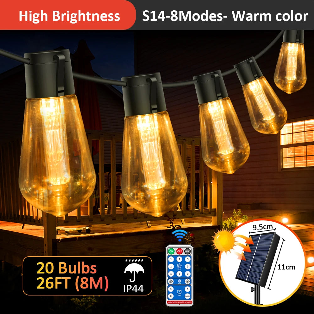 32FT S14 Solar Waterproof Outdoor String Lights with Remote, 8 Modes, Shatterproof Bulbs, High Brightness