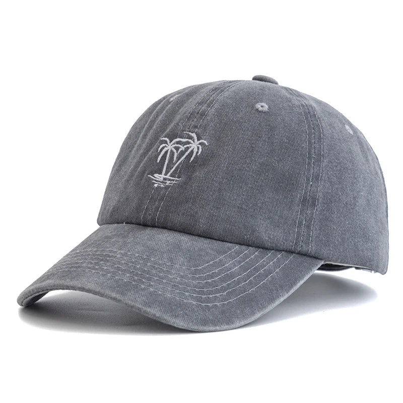 CowLost | unisex-washed-cotton-cap-coconut-tree-embroidery-vintage-baseball-cap |15