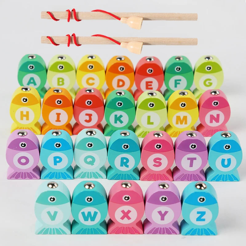 Kids Wooden Fishing Game Educational Alphabet Numeric Cognitive Toy with Magnet