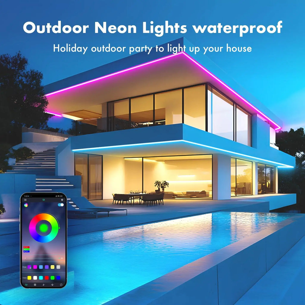 10M/5M Neon RGB 12V Waterproof LED Strip Lights with WiFi, Music Sync, Remote & App for Bedroom