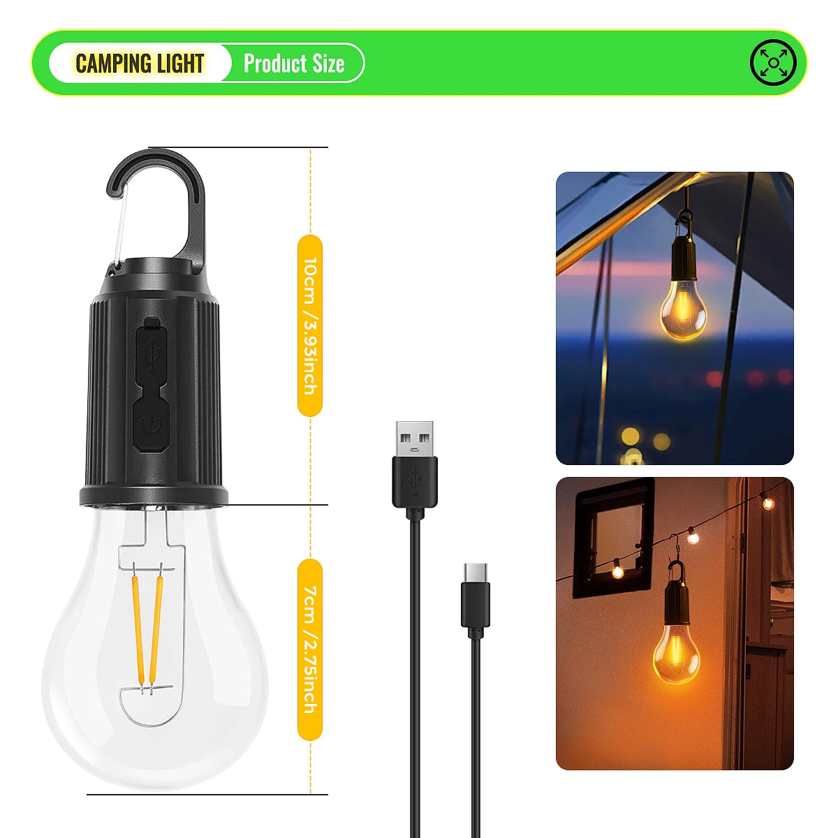 Camping Rechargeable Waterproof LED Tent Lights with Hook, 1/2/4pcs, 3 Modes for Hiking & Backpacking