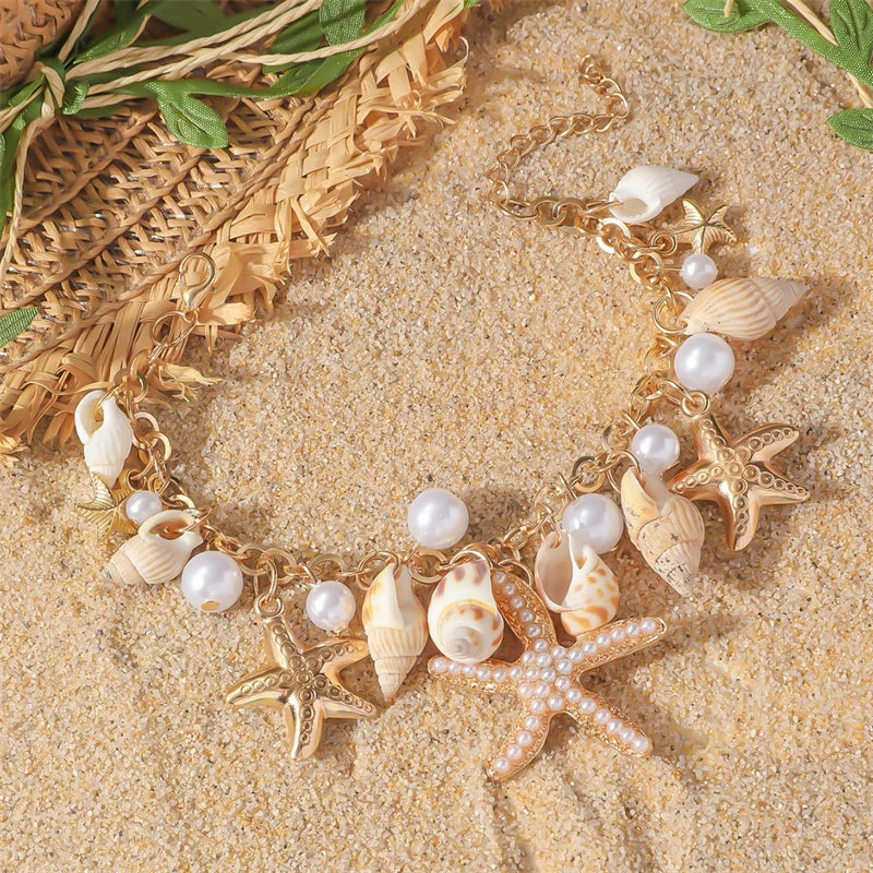 CowLost | bohemian-starfish-conch-shell-pearl-anklet-for-women-boho-sea-turtle-shells-leg-ankle-metal-chain-beach-party-sandals-jewelry |2