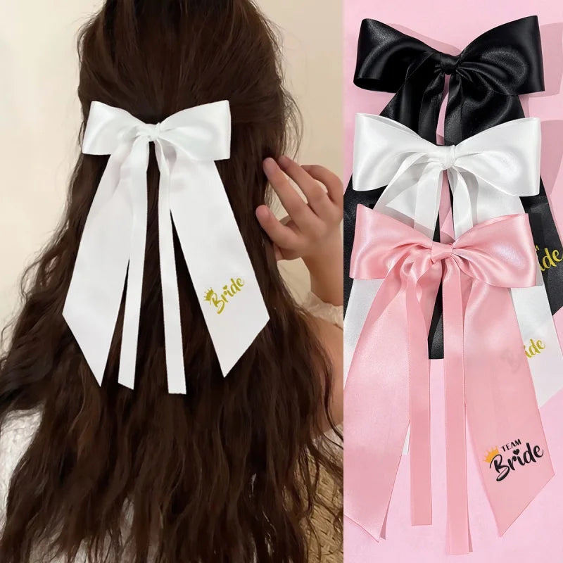 CowLost | 1pcs-pink-white-team-bride-to-be-bow-headband-satin-ribbon-wedding |2