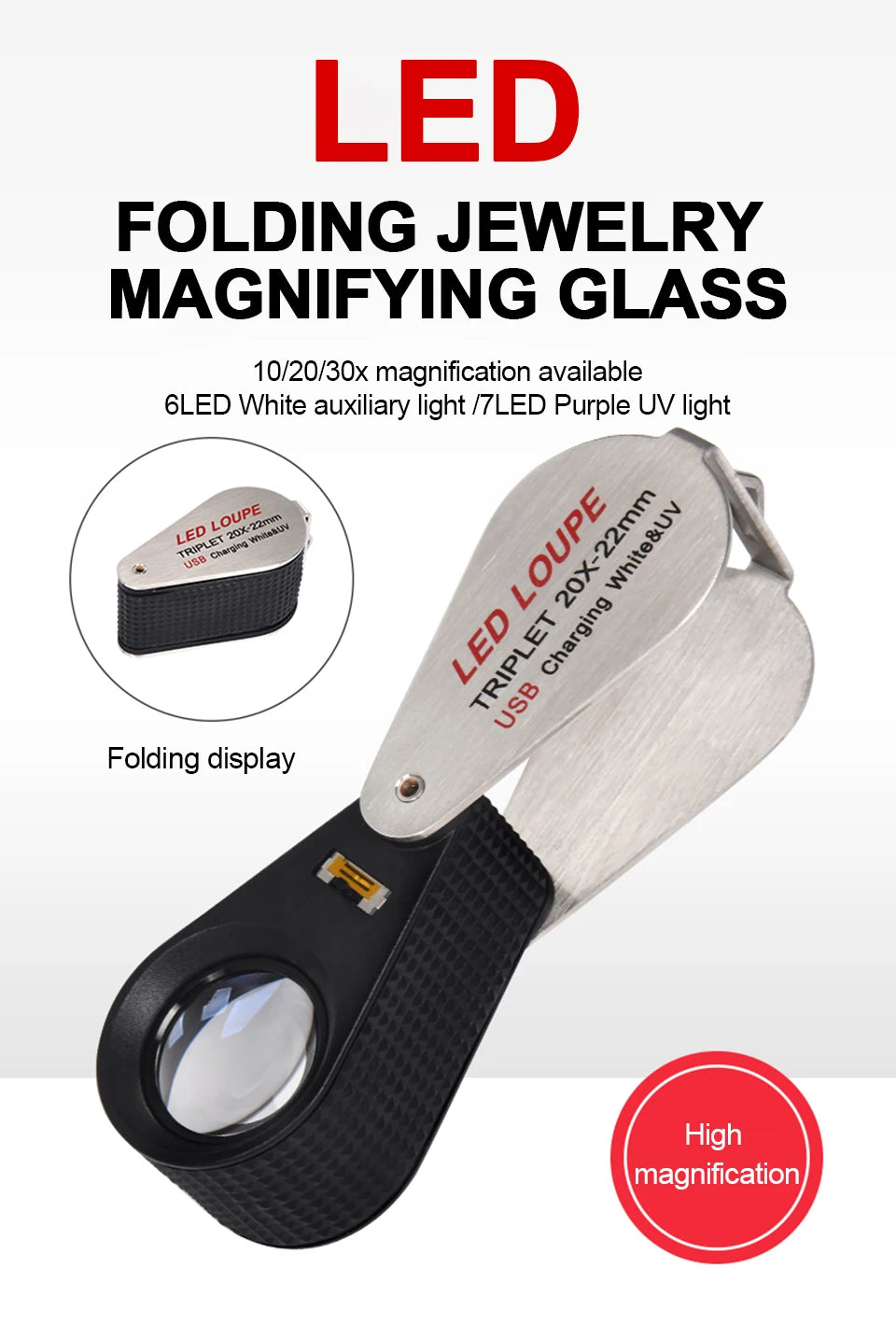 CowLost | 10x-20x-30x-40x-magnifier-loupe-with-dual-light-white-uv-led-illuminated-magnifier-jewelry-diamond-gemstone-eye-glass-for-repair |7