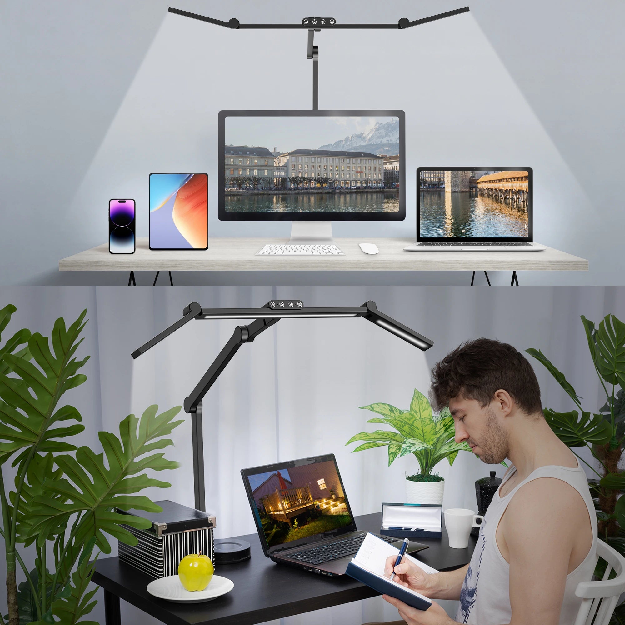 28.2" Large Transformable LED Desk Lamp with Clamp, 24W Auto Dimming Sensor Light for Office