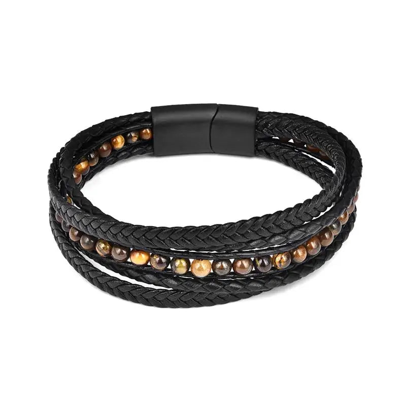 CowLost | badge-pass-holders-mens-natural-stone-beads-multilayer-leather-bracelet-with-magnetic-clasp |30