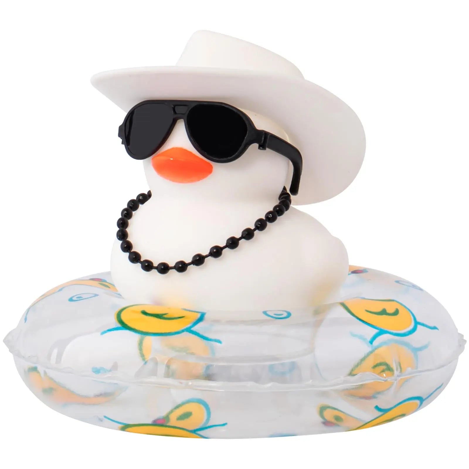 CowLost | product_id-white-rubber-duck-car-dashboard-ornament-with-cowboy-hat-and-swim-ring-necklace |1