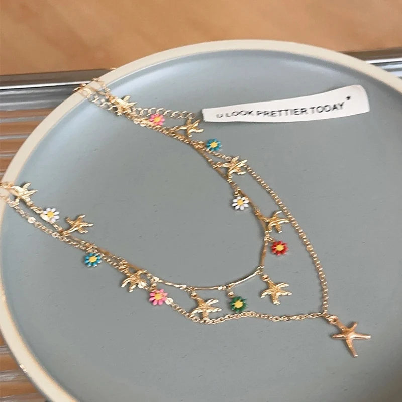 CowLost | bohemia-double-layer-daisy-clavicle-chain-necklace-for-women-colorful-flower-starfish-pendant-metal-chain-choker-party-jewelry |6