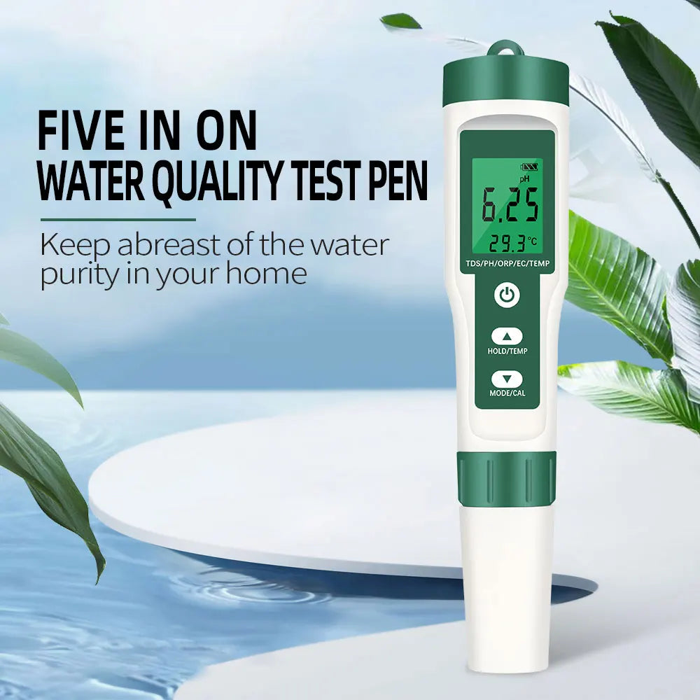 5-in-1 Digital pH TDS EC ORP Temperature Meter Portable Water Quality Tester