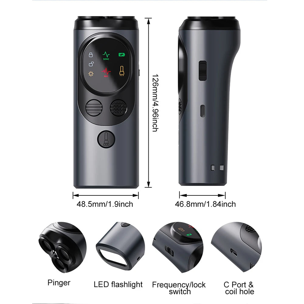 3-Head Ultrasonic Dog Repeller 30ft Range Anti-Barking Trainer with LED Flashlight