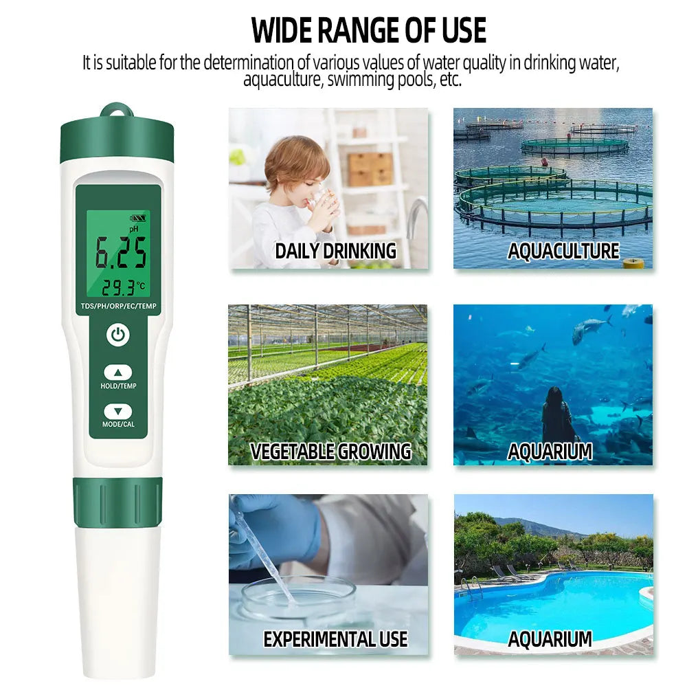5-in-1 Digital pH TDS EC ORP Temperature Meter Portable Water Quality Tester