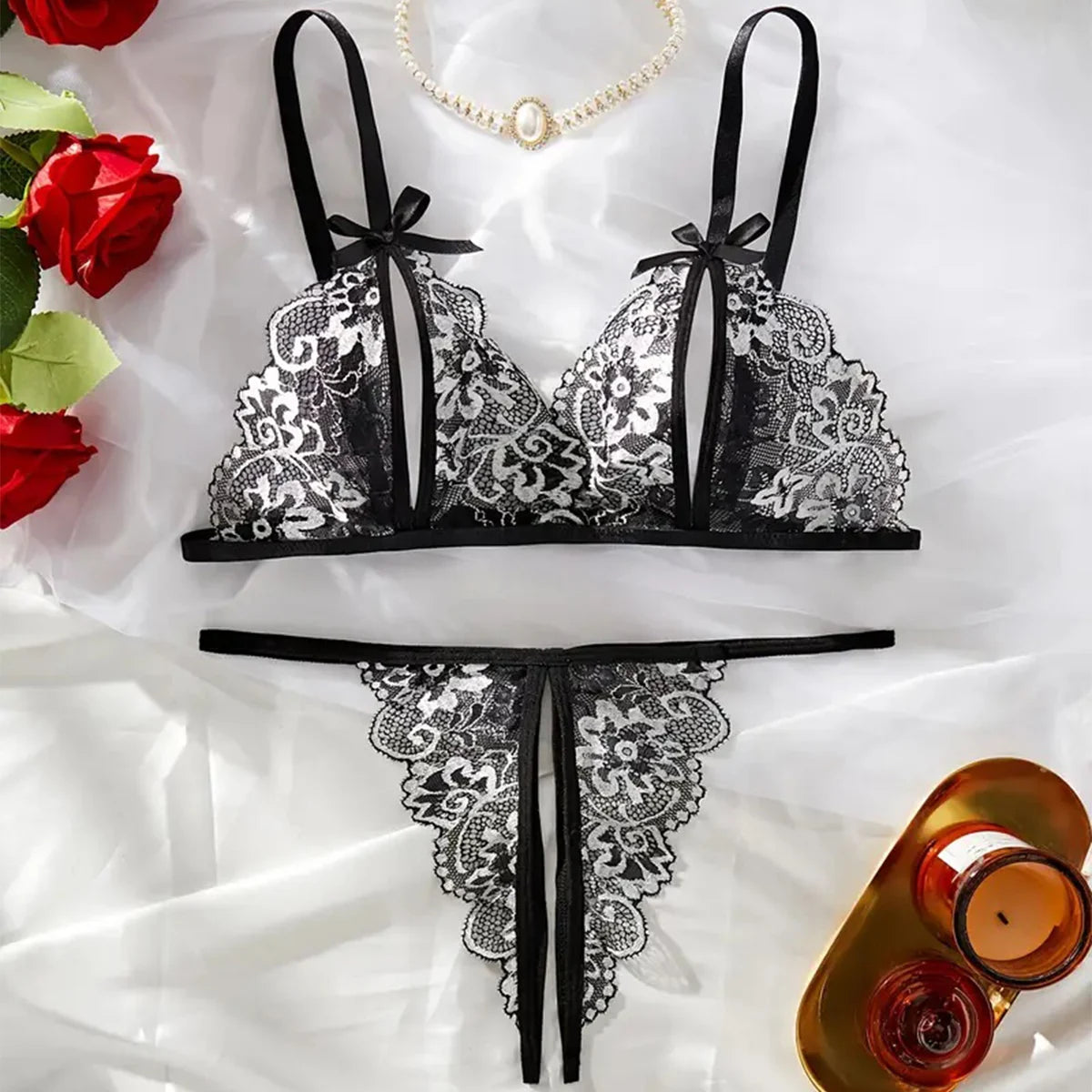 CowLost | floral-lace-sexy-lingerie-bow-open-split-cup-intimates-bra-and-thongs-sets |1