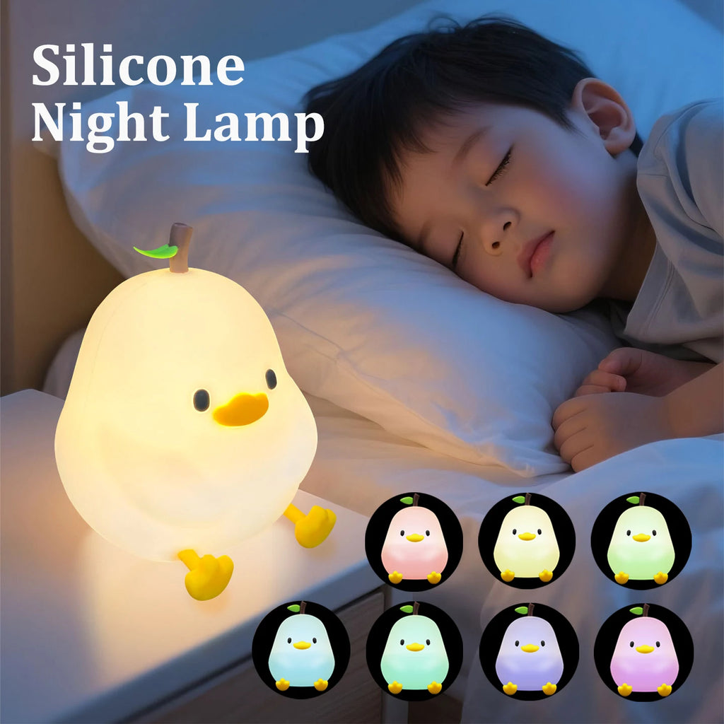 CowLost | product_id-pear-usb-rechargeable-7-color-dimmable-touch-silicone-pat-duck-night-light |1