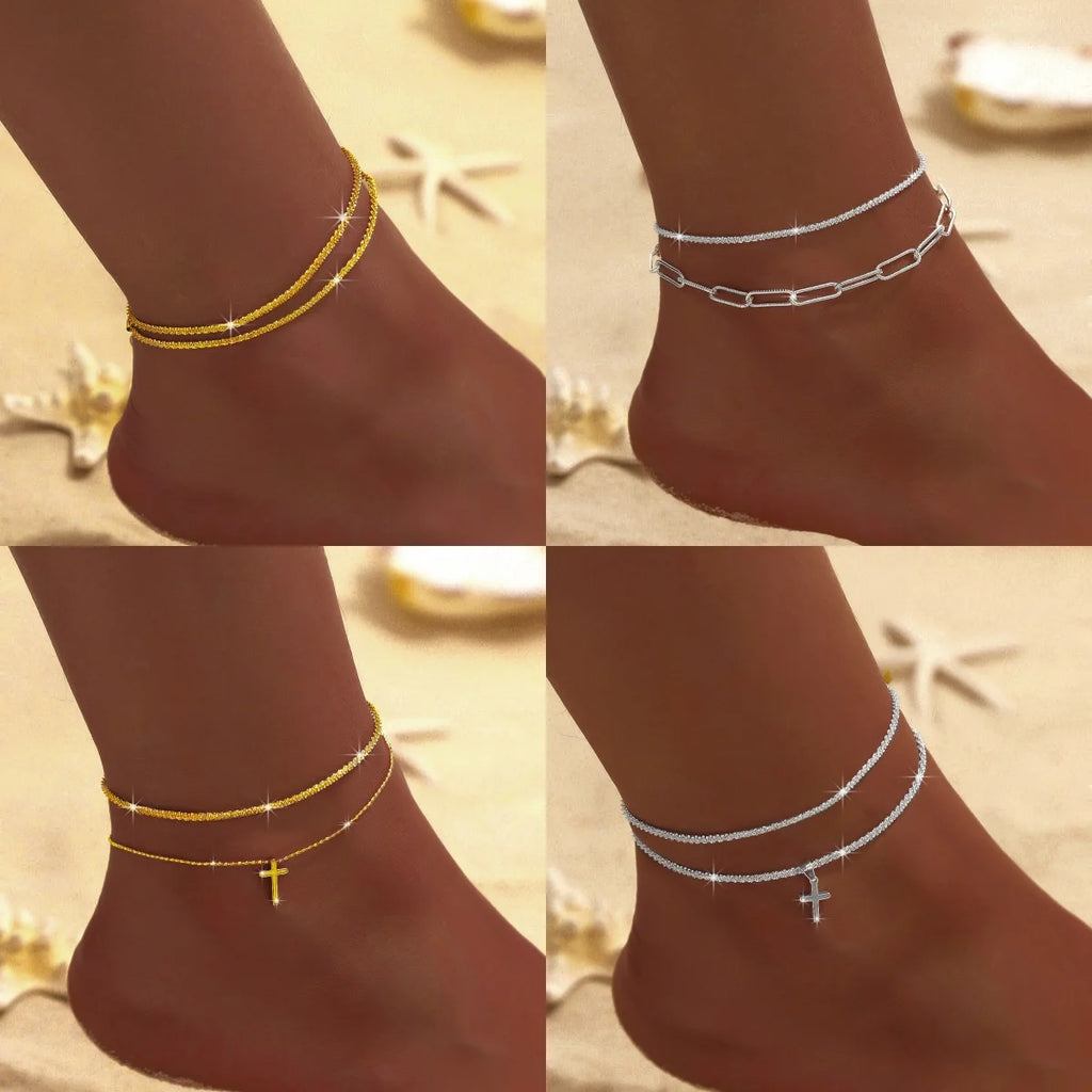 Silver Anklet Double Layer Zircon Cross Pearl Beach Jewelry for Women