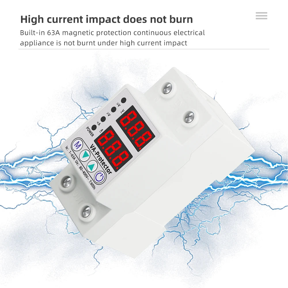 40A/63A Adjustable Digital Voltage Relay 220V Circuit Breaker Surge Protector Over & Under Current Protection