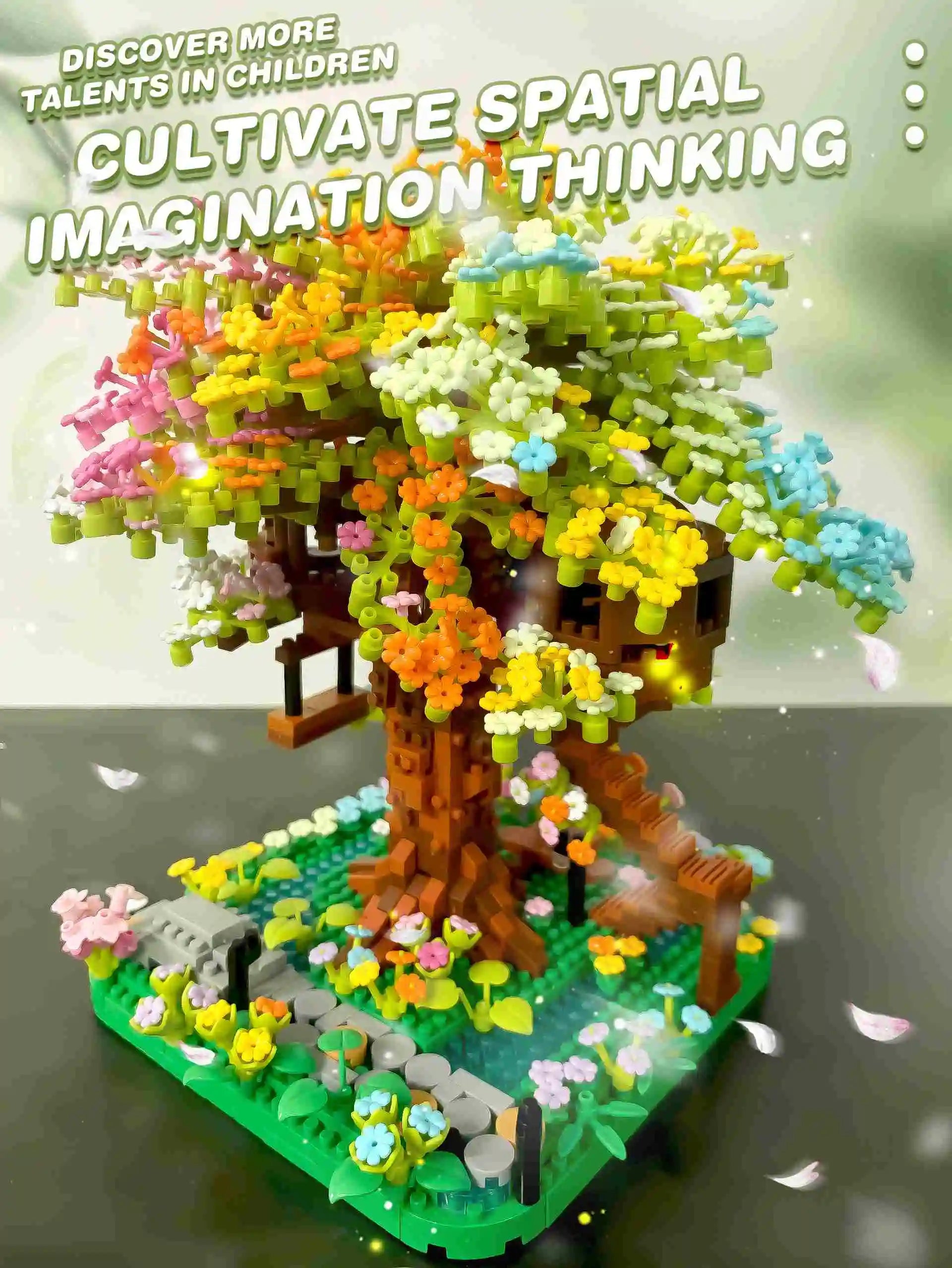 CowLost | product_id-pink-cherry-blossom-rainbow-treehouse-building-block-toy-for-parent-child-assembly |10