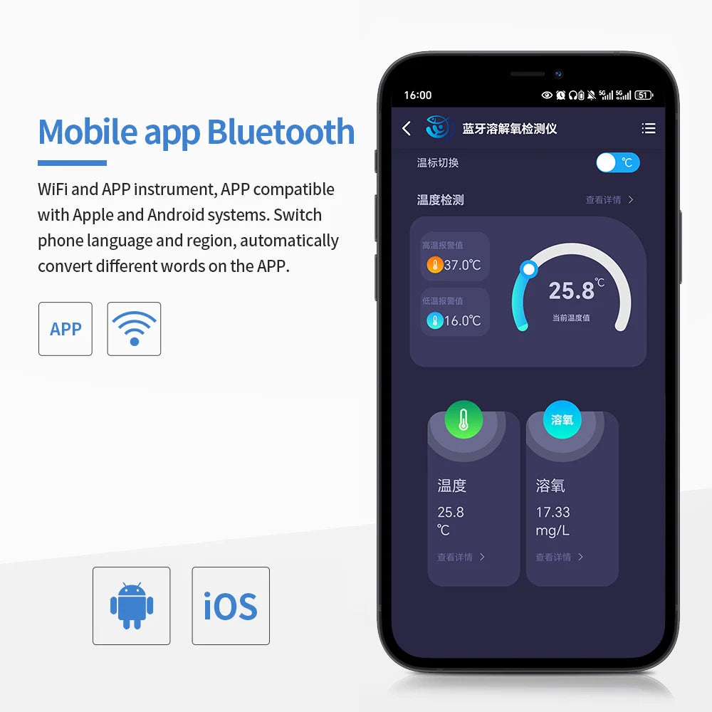 Bluetooth Digital Dissolved Oxygen Meter 0-20 mg/L DO Tester for Pool Hydroponics Aquaculture